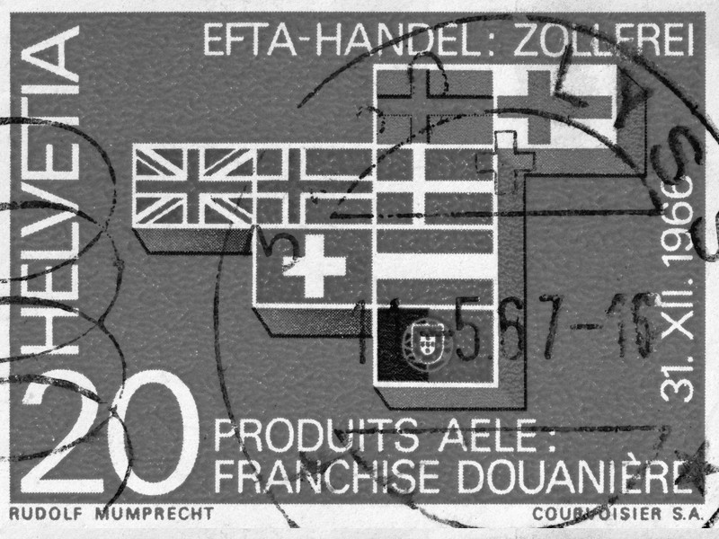 Black and white stamp featuring various European flags, dated 31 December 1966. The price 20 Helvetia is printed down the left side and an illegible ink stamp overlays the image.