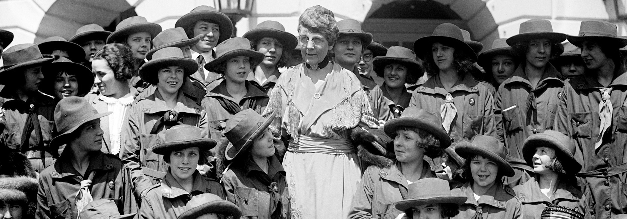 First Lady Florence Harding with Girl Scouts at White House, Washington DC, April 1922.
