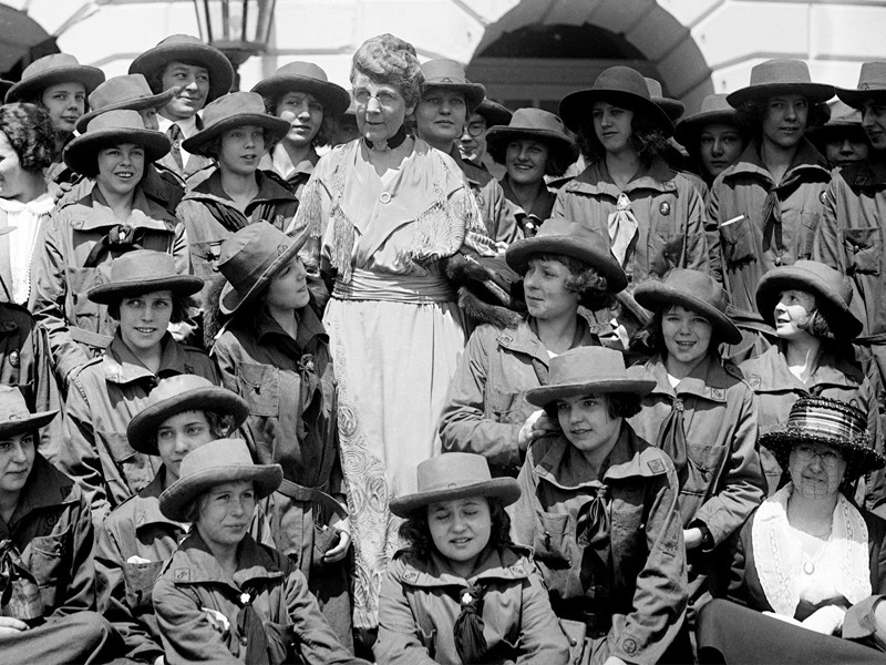 First Lady Florence Harding with Girl Scouts at White House, Washington DC, April 1922.
